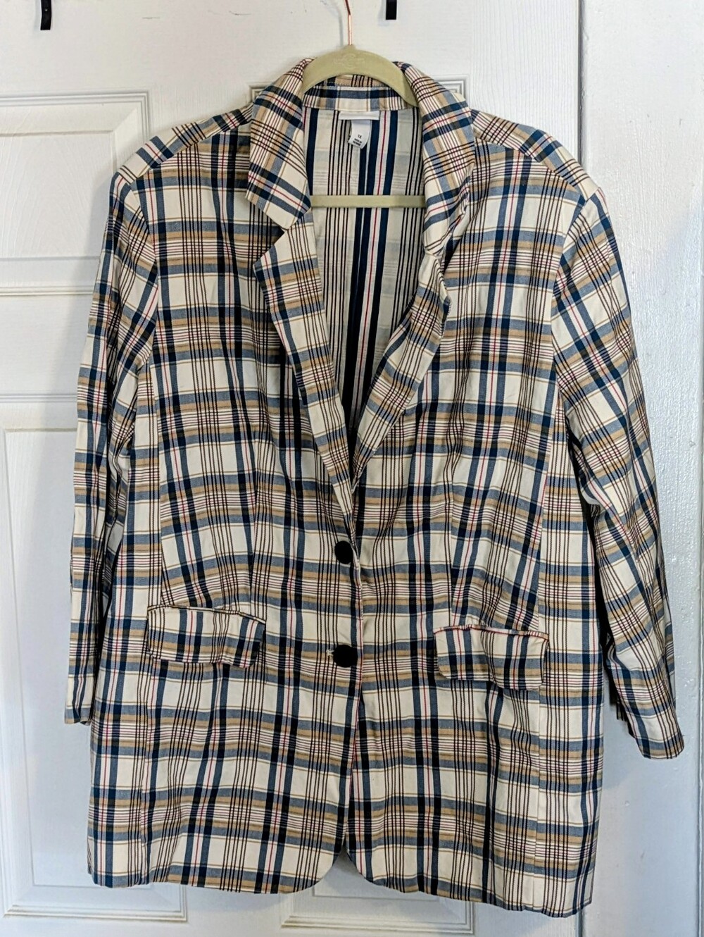 Ava & Viv Cream Blue Tan Plaid Notch-Collar Blazer